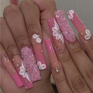 Pink Glitter Nail With Art Flower Design
